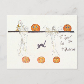 Ghost Jack O Lantern Pumpkin Black Cat Postcard