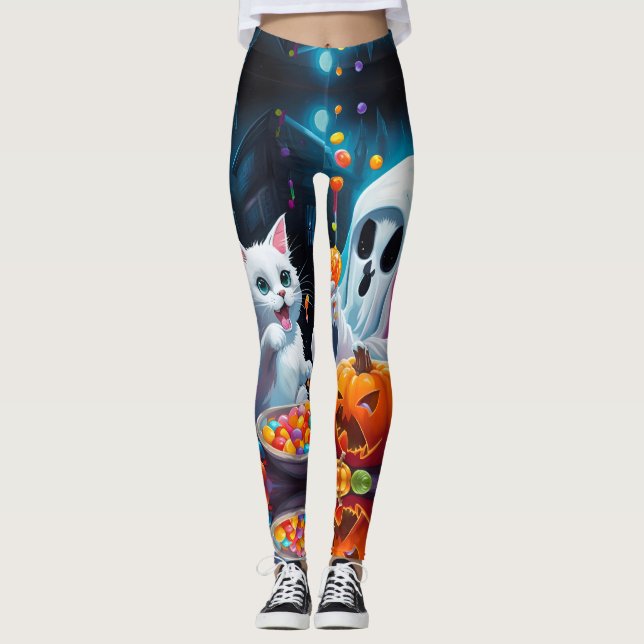 Ghost Kitten Pumpkin Candy Halloween Leggings (Front)