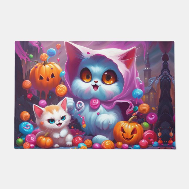 Ghost Kitten Pumpkin Candy Trick Or Treat Doormat (Front)