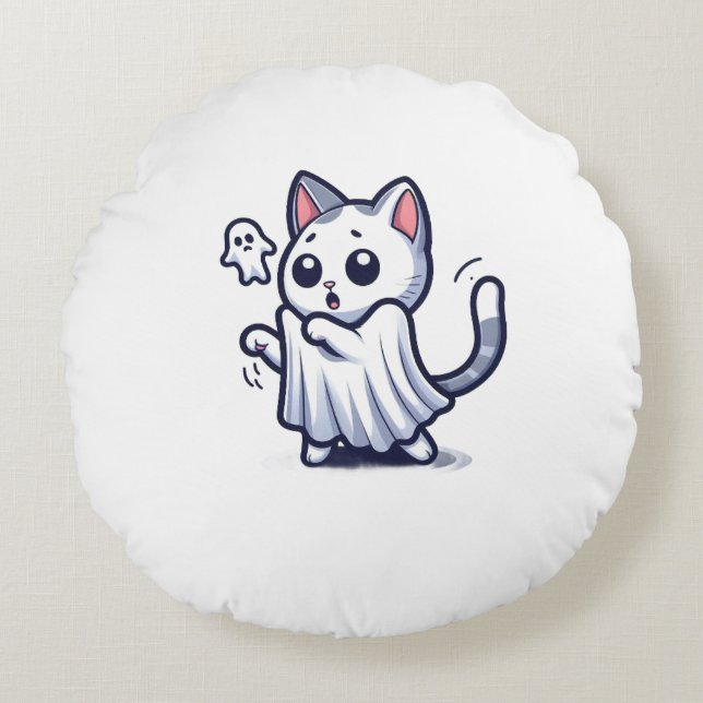 Ghost Kitty Halloween Costume Round Cushion (Front)