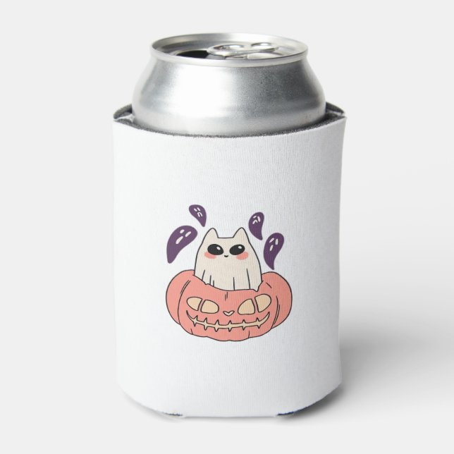 Ghost Kitty in a pumpkin Classic T-Shirt Can Cooler (Can Front)