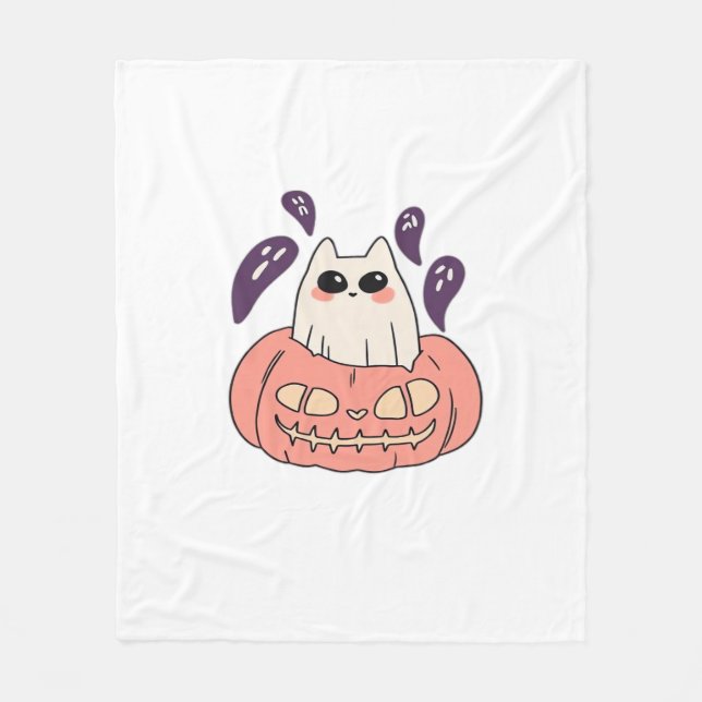 Ghost Kitty in a pumpkin Classic T-Shirt Fleece Blanket (Front)