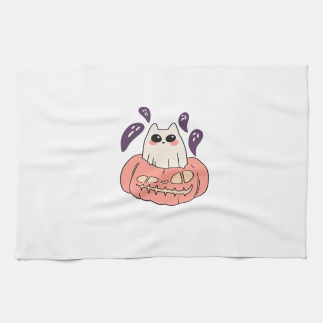 Ghost Kitty in a pumpkin Classic T-Shirt Tea Towel (Horizontal)