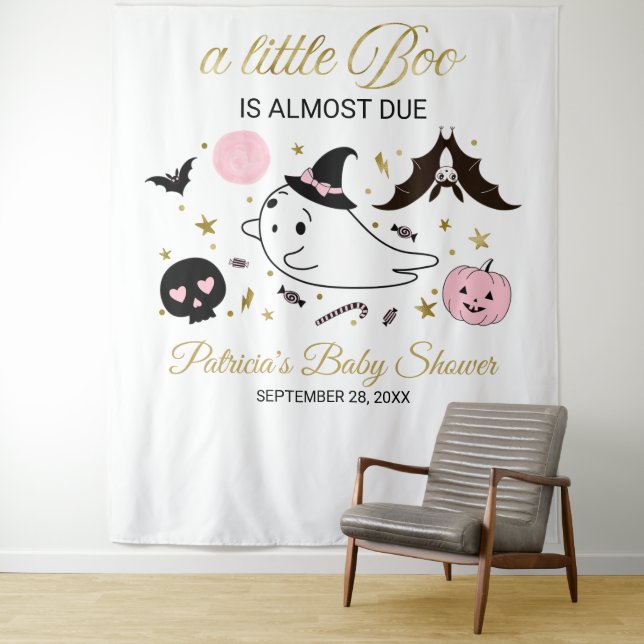 Ghost Little Boo Halloween Baby Shower Backdrop  Tapestry (In Situ)