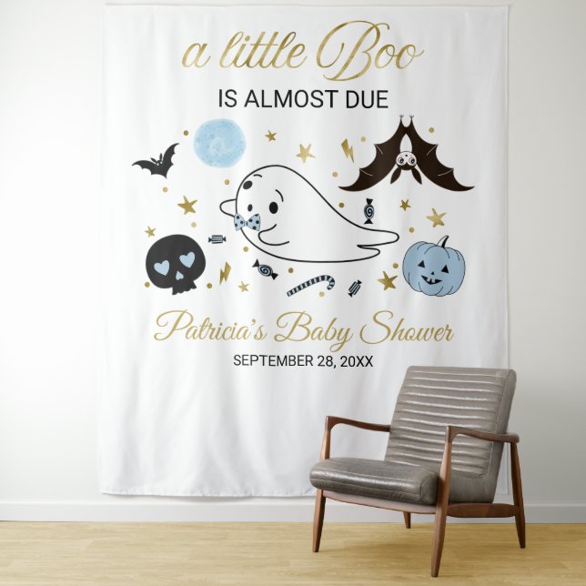 Ghost Little Boo Halloween Baby Shower Backdrop  Tapestry (In Situ)