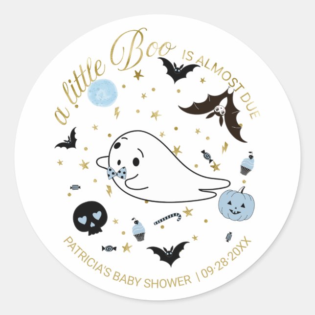 Ghost Little Boo Halloween Boy Baby Shower Classic Round Sticker (Front)