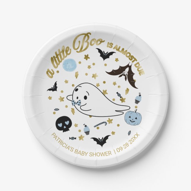 Ghost Little Boo Halloween Boy Baby Shower Paper Plate (Front)