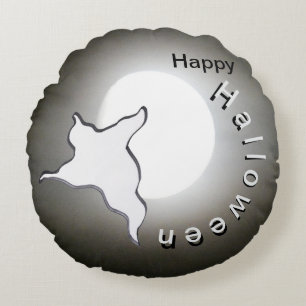 Ghost & Moon Cust. Happy Halloween Round Pillow