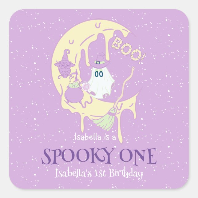 Ghost Moon Spooky One Halloween Birthday Favour Square Sticker (Front)