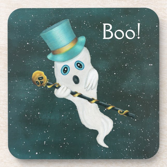 Ghost Night Sky Blue eyes Top Hat Gold Skull Cane Coaster (Front)