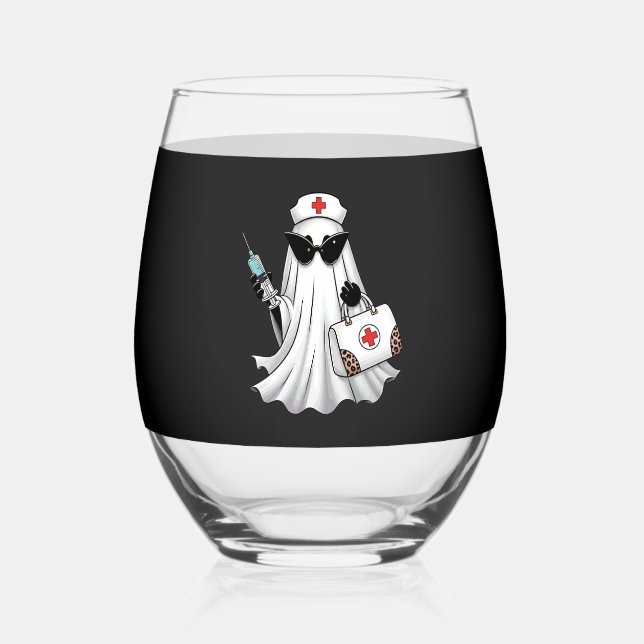 Ghost Nurse Halloween Stemless Wine Glass (Front)