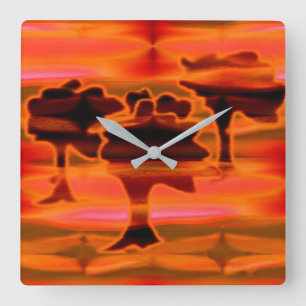 Ghost of red hot trees, clipart over ultra orange  square wall clock