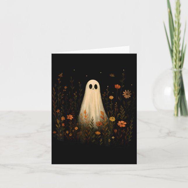 Ghost On A Flower Meadow Halloween Fall Design Card (Front)