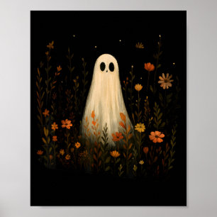 Ghost On A Flower Meadow Halloween Fall Design Poster