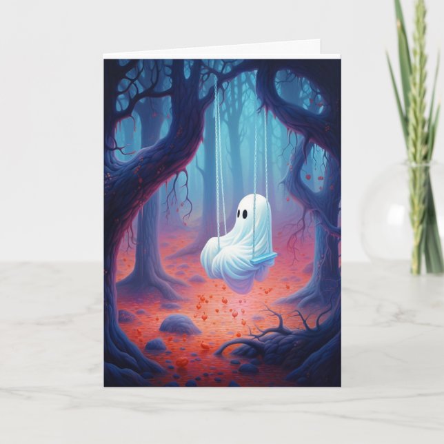 Ghost On Swing Halloween Greeting Card (Front)