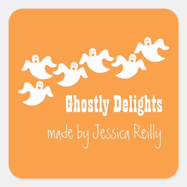 Ghost Party Halloween Baking Stickers, Orange Square Sticker (Front)