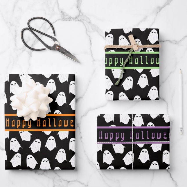 Ghost Pattern Happy Halloween Custom Text Wrapping Paper Sheet (Front)