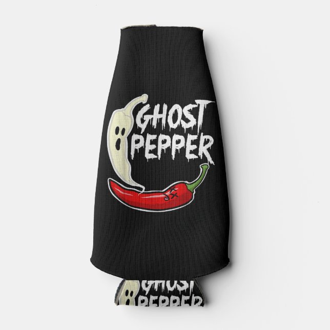 Ghost Pepper Funny Spicy Hot Halloween Ghost Peppe Bottle Cooler (Front)