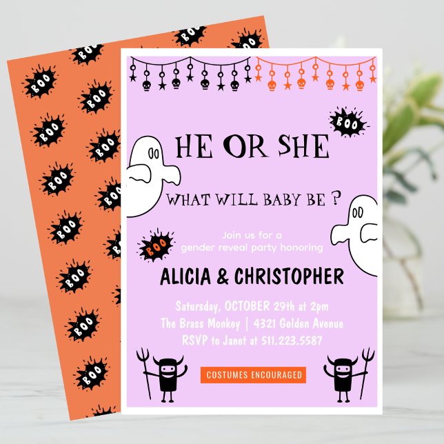 Ghost Pink Orange October Halloween gender reveal  Invitation (Ghost-Pink-Orange-October-Halloween-gender-reveal-Invitation-1)