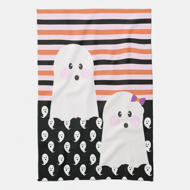  Ghost Pink Orange Stripes Pattern Tea Towel (Vertical)