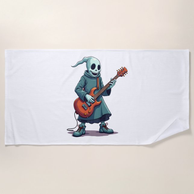 Ghost Playing Guitar – Spooky Music Halloween Tee Beach Towel (Front)