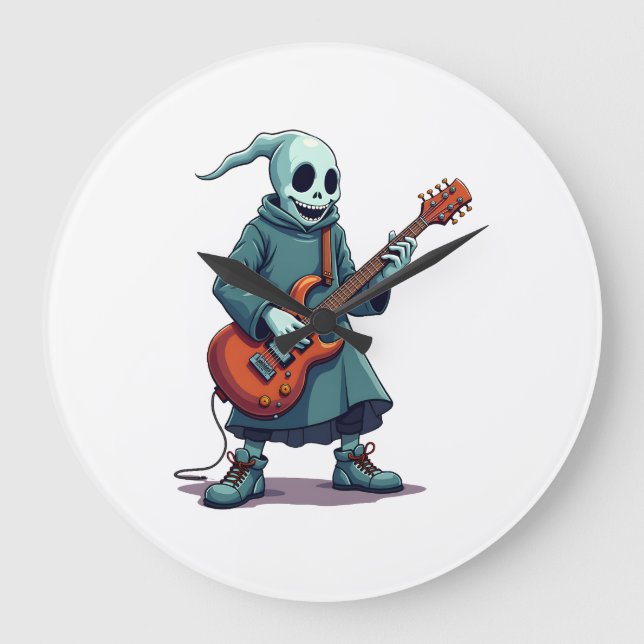 Ghost Playing Guitar � Spooky Music Halloween Tee Large Clock (Front)