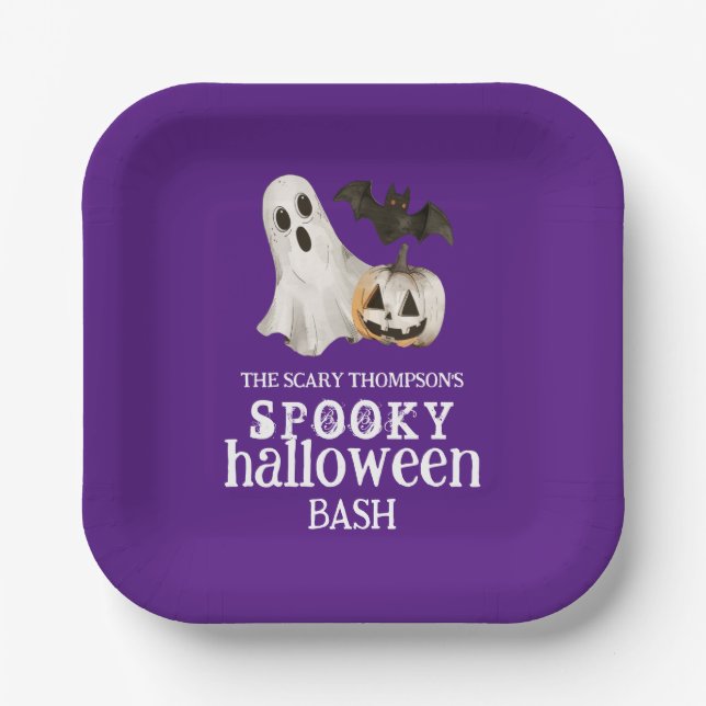 Ghost Pumpkin Bat Spooky Halloween Bash Purple Paper Plate (Front)