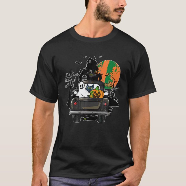 Ghost Pumpkin Cat Riding Truck Halloween Spooky Se T-Shirt (Front)