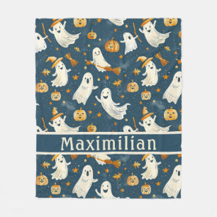 Ghost Pumpkin Falling Leaves Teal Fleece Blanket