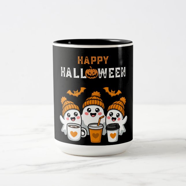 Ghost Pumpkin Halloween Two-Tone Coffee Mug (Center)