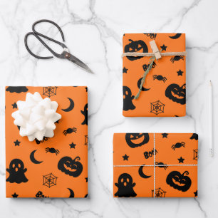 Ghost Pumpkin Spider Moon Orange Halloween Pattern Wrapping Paper Sheet