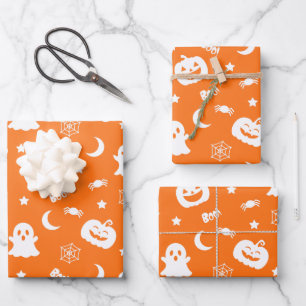 Ghost Pumpkin Spider Moon Orange Halloween Pattern Wrapping Paper Sheet