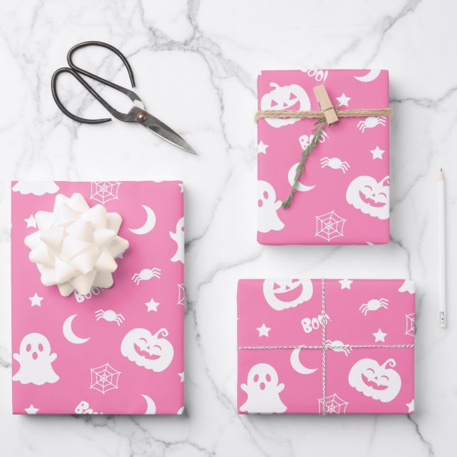 Ghost Pumpkin Spider Moon Pink Halloween Pattern Wrapping Paper Sheet (Front)