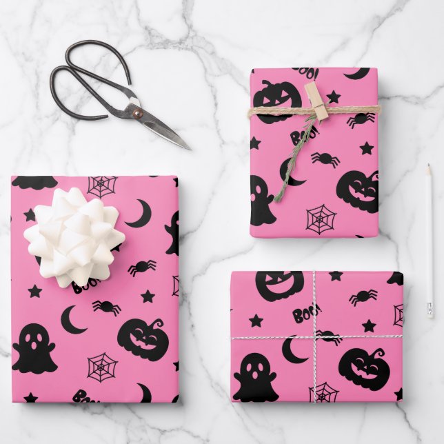 Ghost Pumpkin Spider Moon Pink Halloween Pattern Wrapping Paper Sheet (Front)