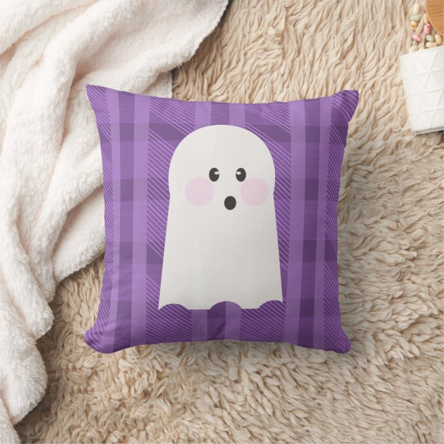Ghost Purple Plaid Halloween Throw Pillow (Blanket)