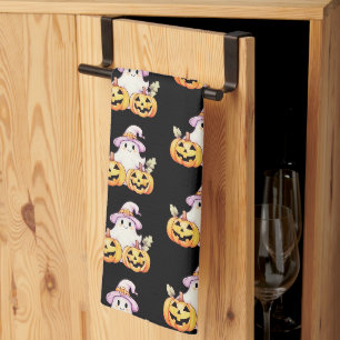 Ghost Purple Witches Hat Pumpkin Pattern Halloween Tea Towel