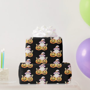 Ghost Purple Witches Hat Pumpkin Pattern Halloween Wrapping Paper