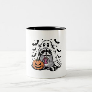 Ghost  Racoon Drinking Coffee Two-Tone Coffee Mug