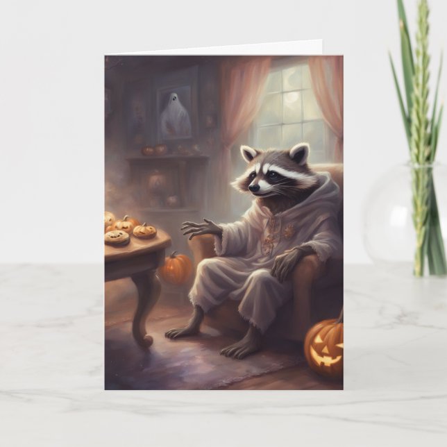 Ghost Racoon Halloween fun greeting card (Front)