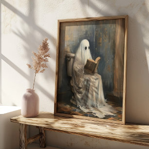 Ghost Reading a Book Vintage Halloween Bathroom Poster