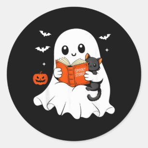Ghost Reading Book Black Cat Halloween Costume Men Classic Round Sticker