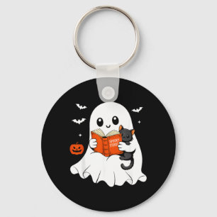 Ghost Reading Book Black Cat Halloween Costume Men Key Ring