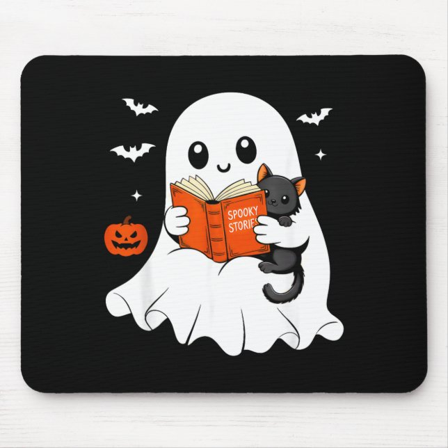 Ghost Reading Book Black Cat Halloween Costume Men Mouse Mat (Front)