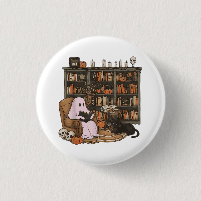 Ghost Reading Book Cat lover Halloween  3 Cm Round Badge (Front)