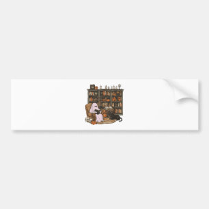 Ghost Reading Book Cat lover Halloween  Bumper Sticker