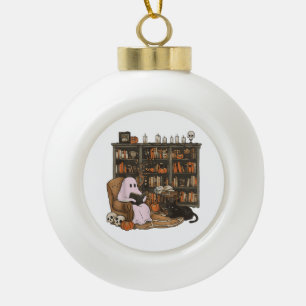 Ghost Reading Book Cat lover Halloween  Ceramic Ball Christmas Ornament
