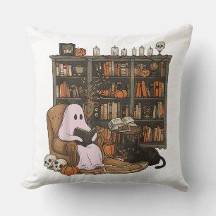 Ghost Reading Book Cat lover Halloween  Cushion