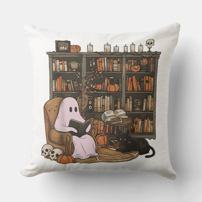 Ghost Reading Book Cat lover Halloween  Cushion (Front)