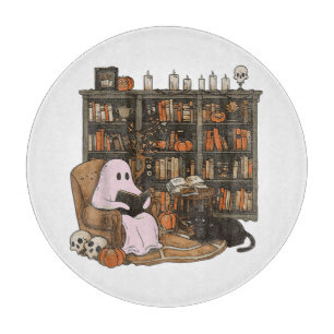 Ghost Reading Book Cat lover Halloween  Cutting Board