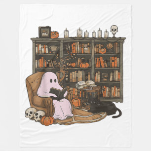 Ghost Reading Book Cat lover Halloween  Fleece Blanket